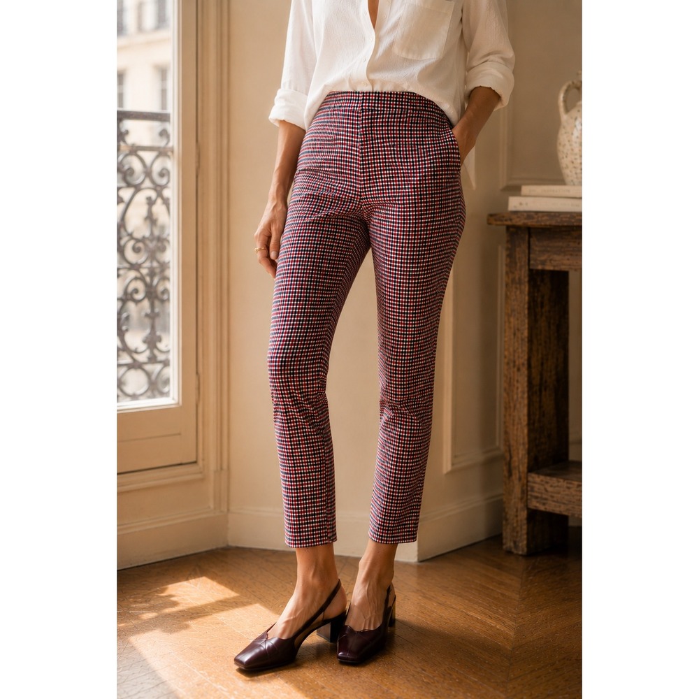 Sézane Clara 4 Gingham Ankle Trousers 36 Red Navy French Cigarette Pant‎
